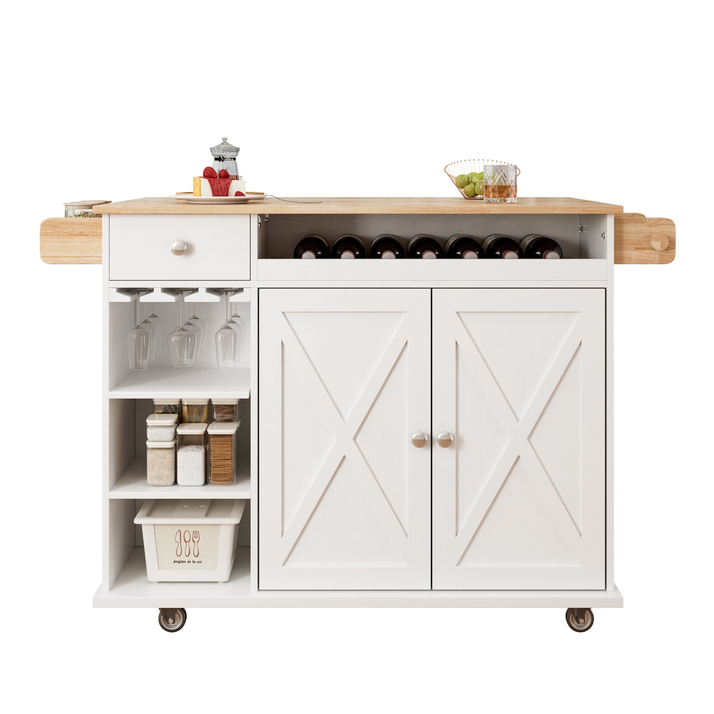 44 Inch Kitchen Island Cart with Solid Wood Top, Wine Storage, Spice Rack, Towel Rack, Wine Glass Holder White & Oak