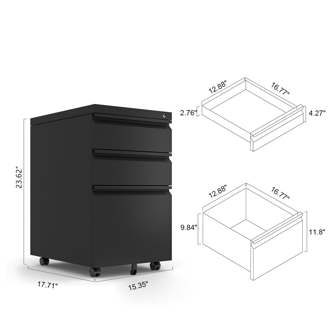 Locked three drawer storage mobile metal filing cabinet with pre installed wheels under the desk filing cabinet