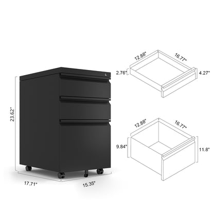 Locked three drawer storage mobile metal filing cabinet with pre installed wheels under the desk filing cabinet