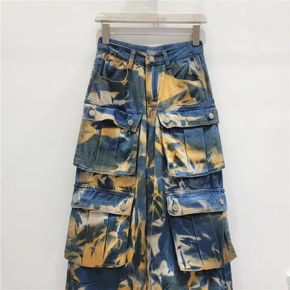 Retro street multi pocket camouflage work pants, long pants, straight leg mop jeans, wide leg pants, women's fashion