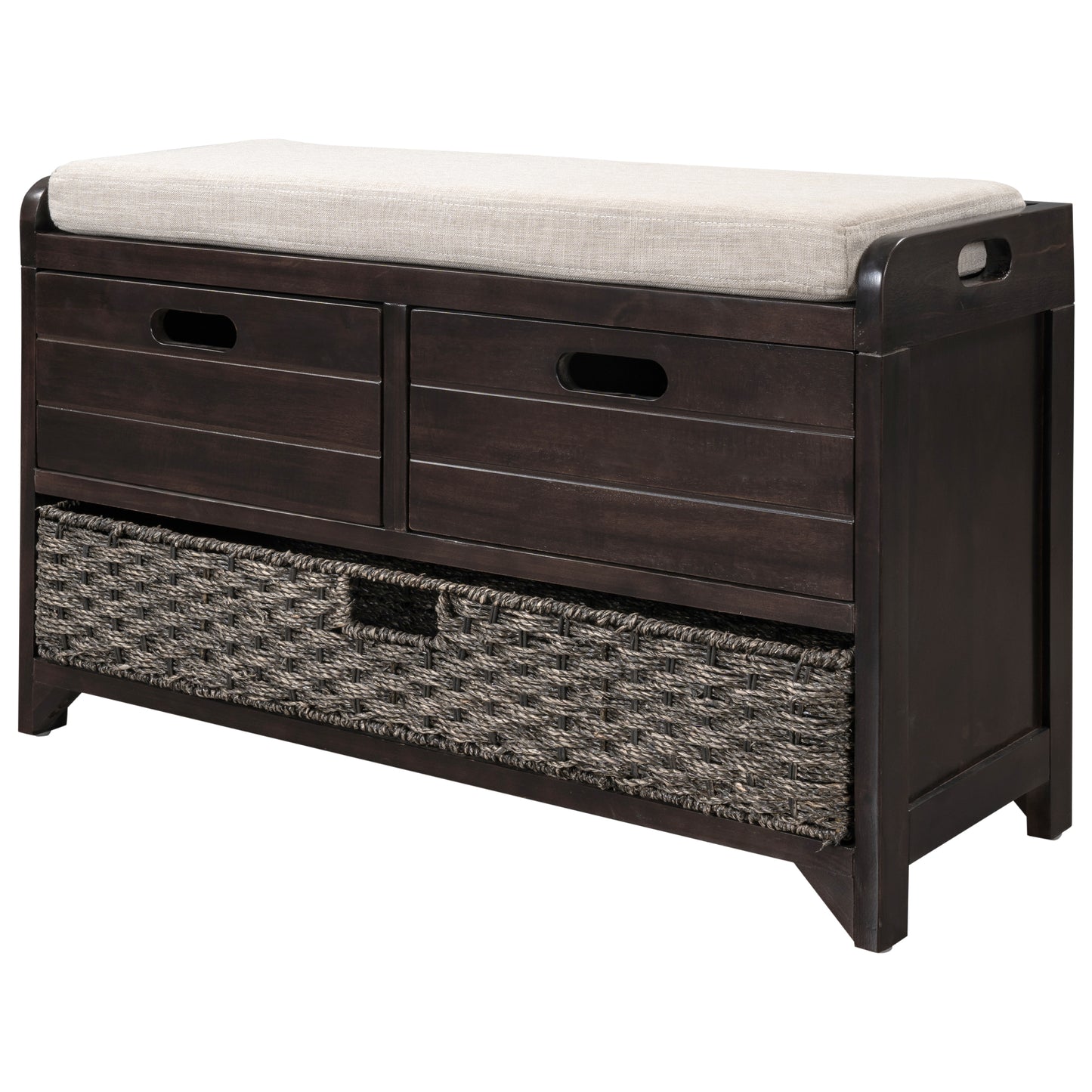 TREXM Storage Bench with Removable Basket and 2 Drawers, Fully Assembled Shoe Bench with Removable Cushion (Espresso)