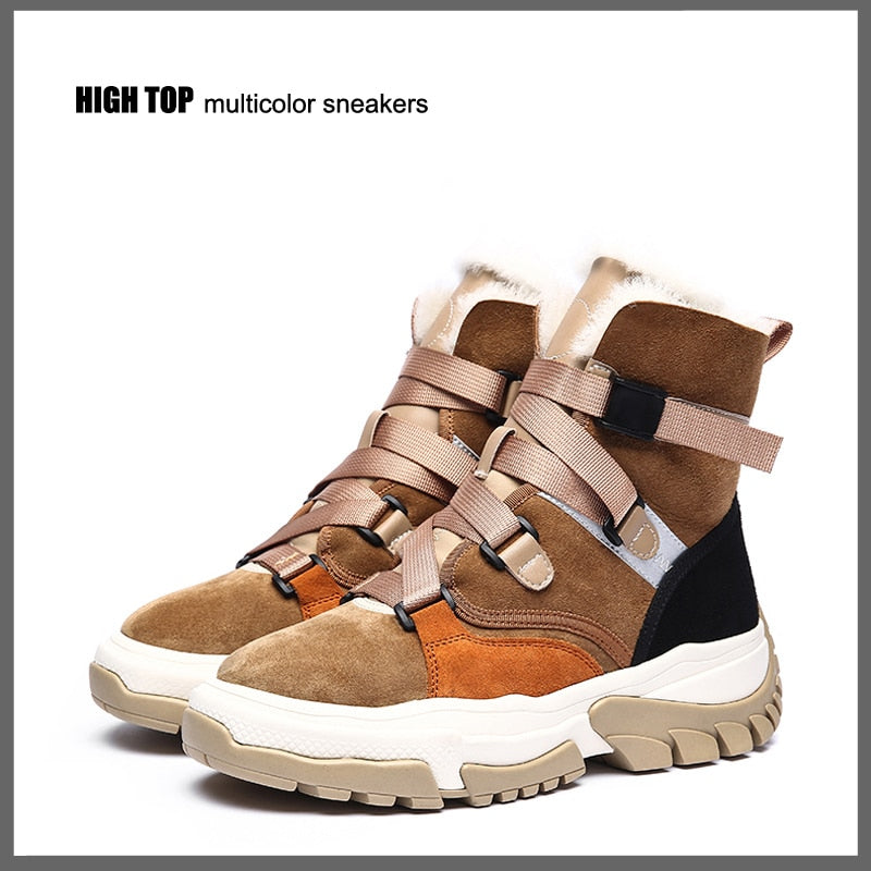 New High Top Multi Color Motorcycle Ankle Sneakers Suede Leather Casual Shoe Platform Wedge Comfortable Luxury Women Winter Boot