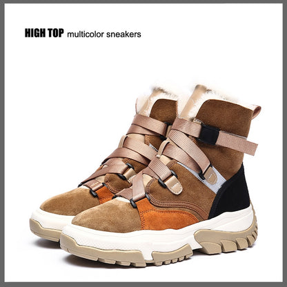 New High Top Multi Color Motorcycle Ankle Sneakers Suede Leather Casual Shoe Platform Wedge Comfortable Luxury Women Winter Boot