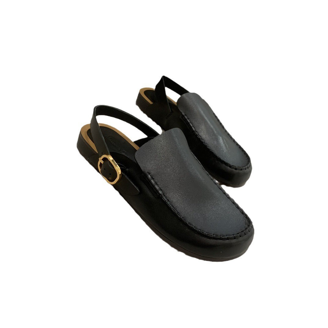 Niche genuine leather women's slippers, ugly, cute, big-headed, toe-toe, half-slip, lazy-style slippers