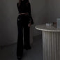 High neck solid color exposed navel sweet and spicy style loose wide leg warehouse set for women