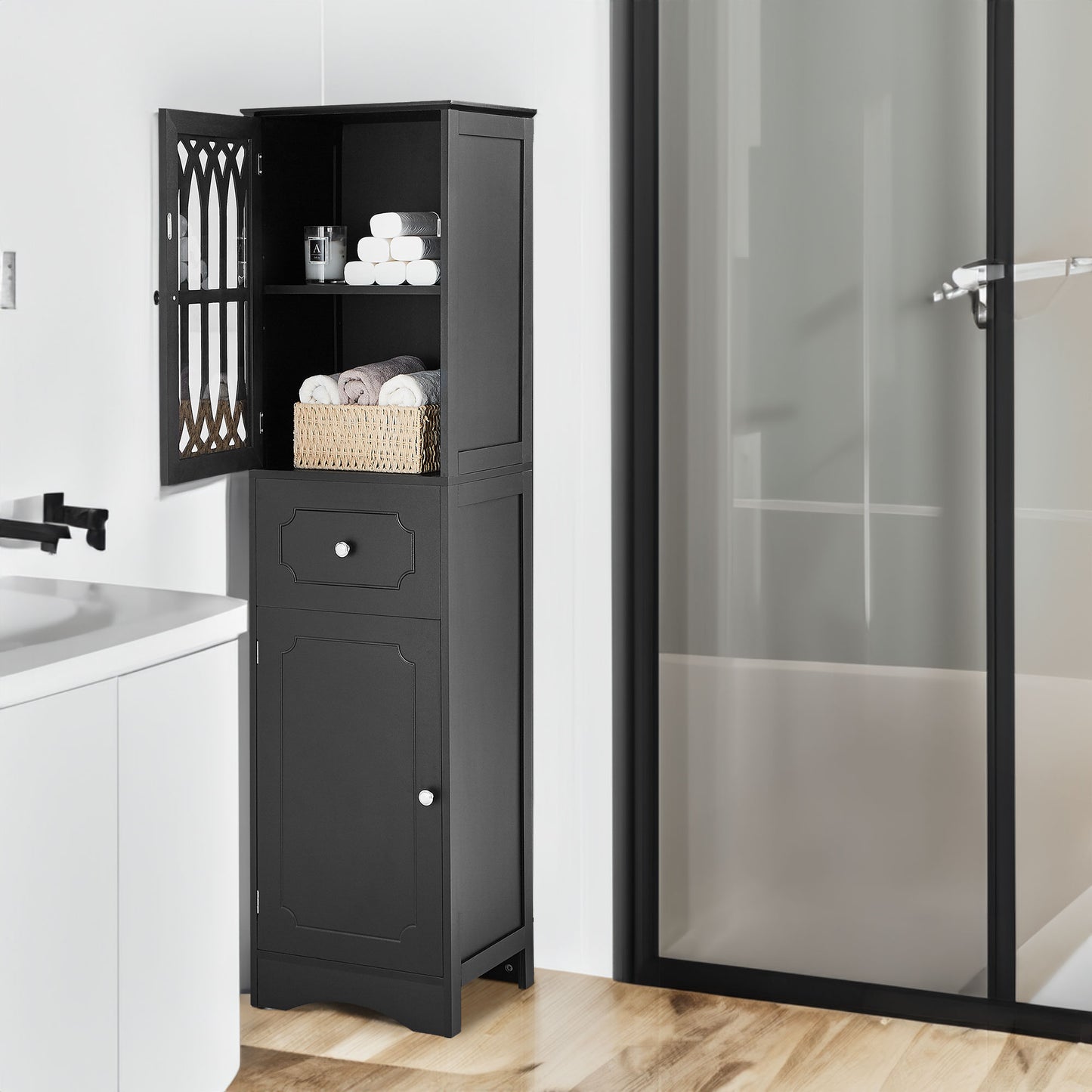 Tall Bathroom Cabinet, Freestanding Storage Cabinet with Drawer and Doors, MDF Board, Acrylic Door, Adjustable Shelf, Black