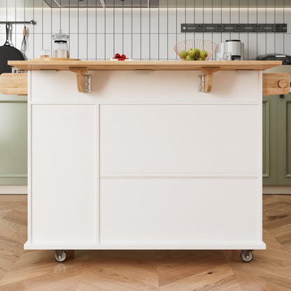 44 Inch Kitchen Island Cart with Solid Wood Top, Wine Storage, Spice Rack, Towel Rack, Wine Glass Holder White & Oak