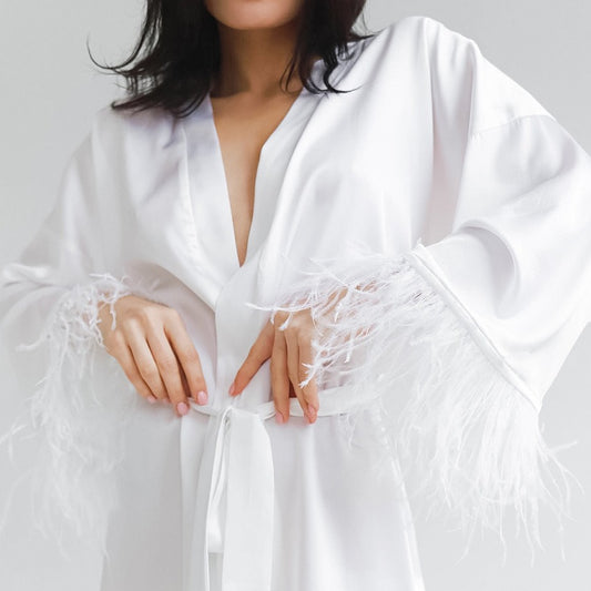 Nightgown Ostrich Feather Long Sleeve Pajamas Cardigan European and American Simulation Silk Black Bathrobe Women's Home Clothes