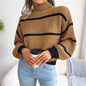 Knitted Sweater Half Turtleneck Pullover Sweater Women's Outer Wear Amazon Striped Contrast Color Fashion