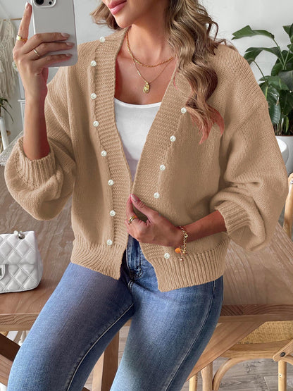 Women's Short Pearl Beaded Cardigan Loose Buckle-free Sweater Coat