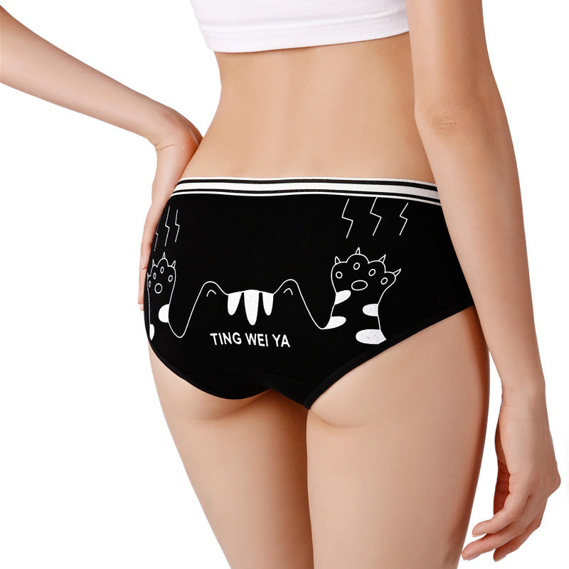 Simple Black And White Cute Cartoon Underwear Ladies Mid Waist Sheath Breathable Underwear For Women Cotton Crotch