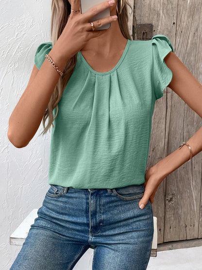 Ivy Lane Ruched Round Neck Cap Sleeve Blouse